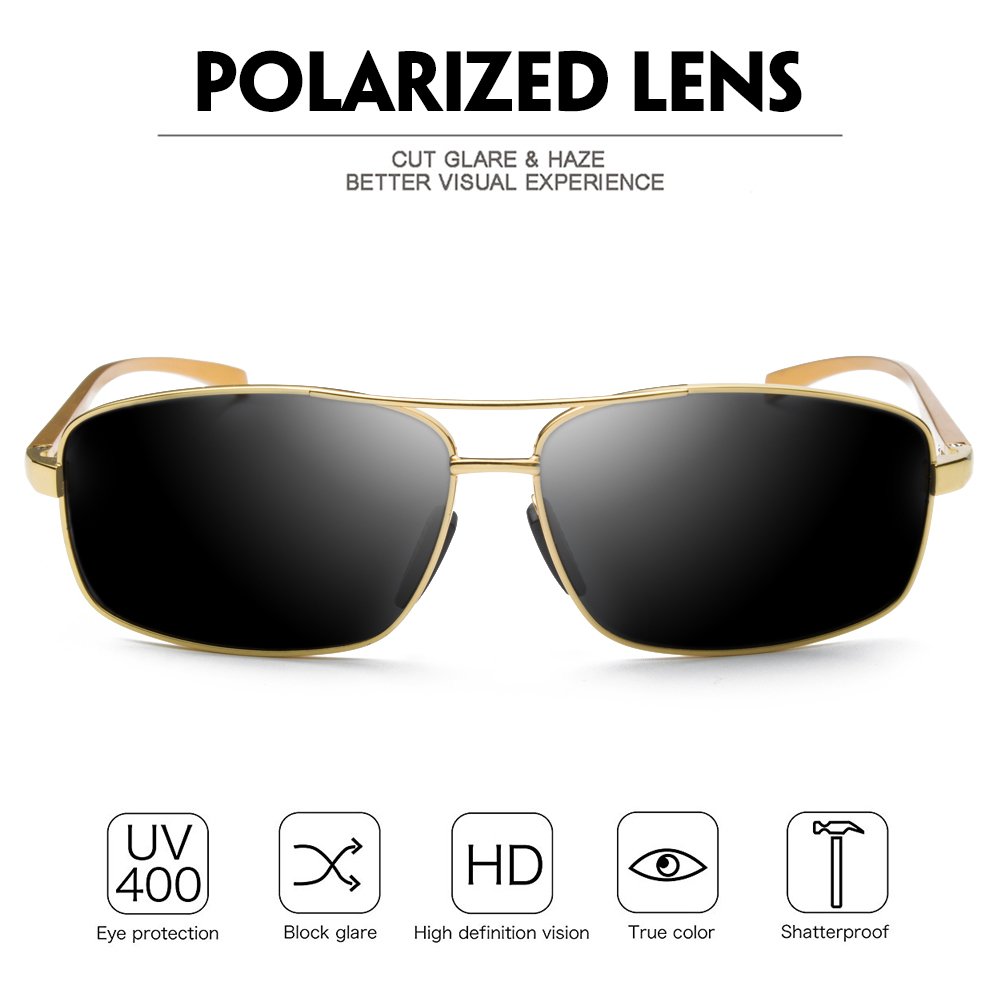 IALUKU Rectangular Polarized Sunglasses for Men Square Retro Aviator Sunglasses (Gold / Grey, 60)