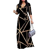 PinkPatty Plus Size Maxi Dresses for Women Casual Flowy Long Dress 3/4 Sleeve V Neck Wrap Dress with Belt