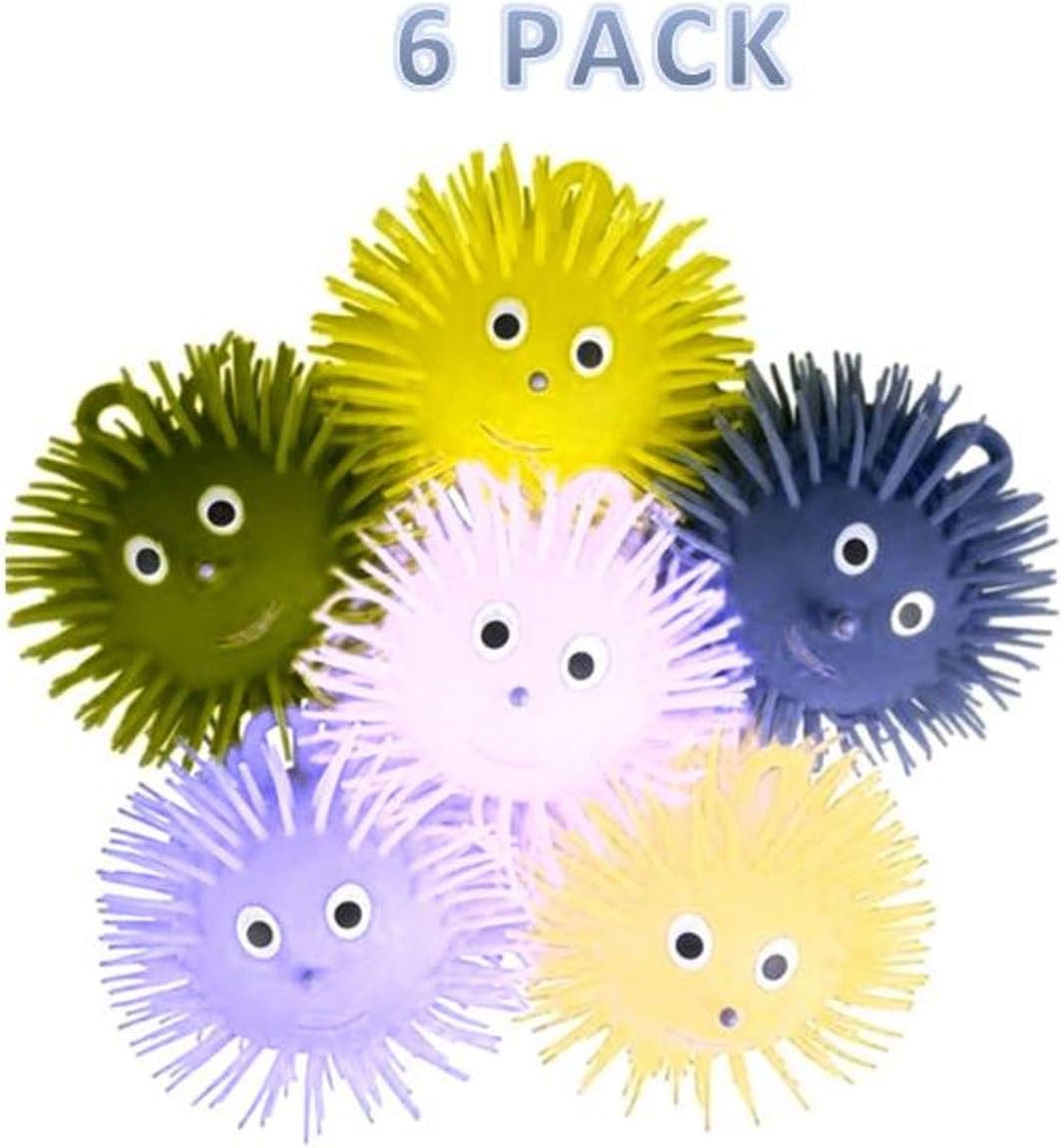 5" Puffer Balls with Loop (SQUEEZE ME) 6 Pack- Assorted Colors Green, Yellow, Orange, Blue, Purple and Pink Kids Sensory - Stress Relief, Therapy Ball, Toy for kids, Party Favor, and Goodie bag Filler