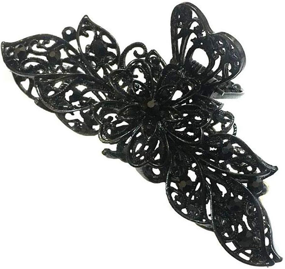 Girls Lady Women Black Retro Flowers Hair Claw Clip Vintage Rhinestone Alloy Large Size Hair Jaw Clips Hairpin Large Fancy Hair Barrette for Thick Hair (A#)