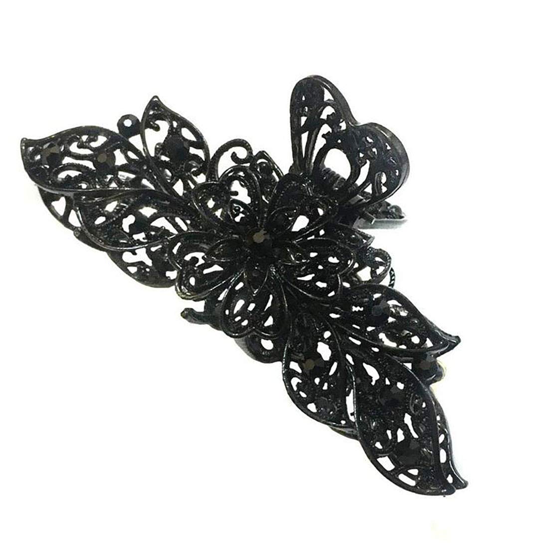 Girls Lady Women Black Retro Flowers Hair Claw Clip Vintage Rhinestone Alloy Large Size Hair Jaw Clips Hairpin Large Fancy Hair Barrette for Thick Hair (A#)