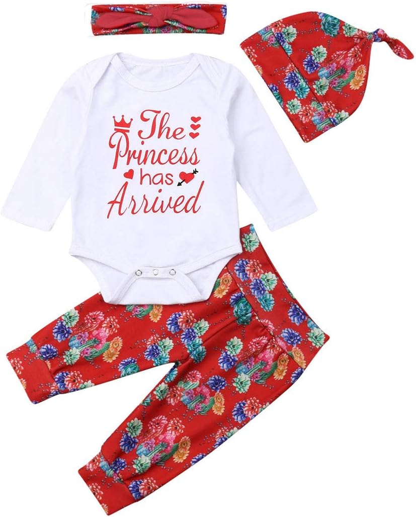 4 pcs Baby Girls Pants Set Newborn Infant Toddler Letter Romper Arrow Heart Pants Hats Headband Clothes