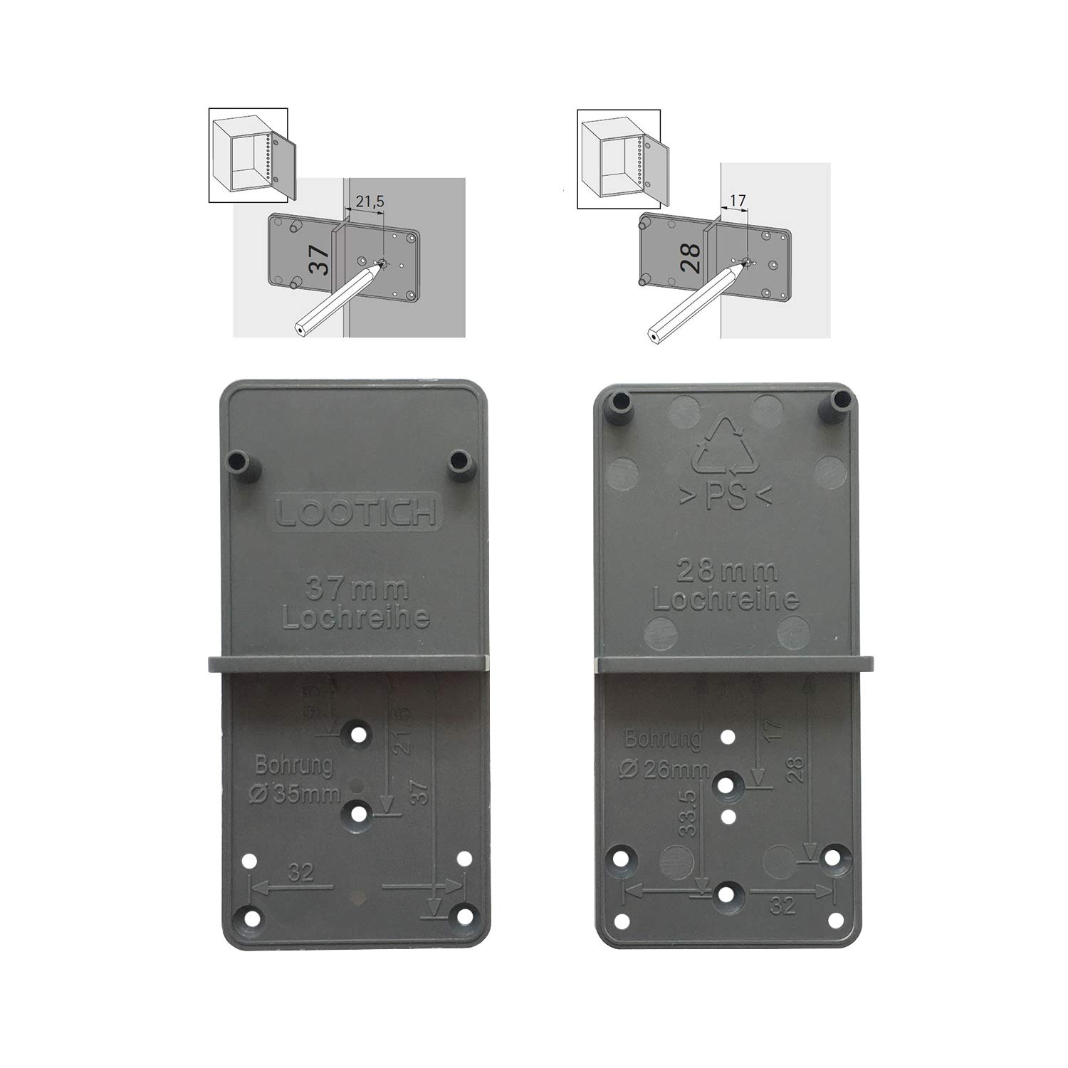 LOOTICH Hole Drilling Jig Template for Ø35mm and 26mm Hinge Cup Mounting Plates Drawers and Eccentric Connecting Fittings of Ø25mm and 20mm Hole Diameter Pack of 2