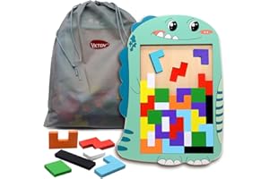 VKTEN Dinosaur Wooden Blocks Puzzle Tetris Puzzle Brain Teasers Toy Tangram Jigsaw Intelligence Russian Blocks Game STEM Montessori Educational Gift for Kids Boys Girls