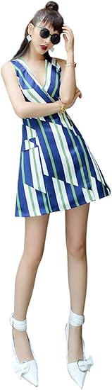 Amazon Co Jp Jsファッション 全開きタイプvネックカシュクール ストライプaラインワンピース ノースリーブ Mサイズ ブルー 並行輸入品 服 ファッション小物