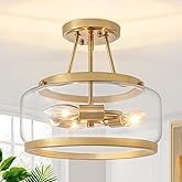 11.81" Brushed Gold Semi Flush Mount Ceiling Light, Modern Glass Drum Light Fixtures, 3-Light Golden Ceiling Lights for Hallw