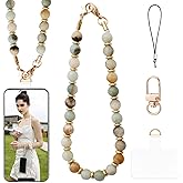 Beaded Phone Charm Strap Marble Phone Wrist Strap, Handmade Natural Gemstone Cellphone Lanyard with Tether Tab & Swivel Lobster Clasp Hands-Free Wristlet Bracelet Phone Chain Strap