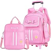Rolling Backpack for Girls Cute Trolley Bags Primary School Bookbags with Wheels Kids Carry-On Wheeled Backpack with Lunch Bag