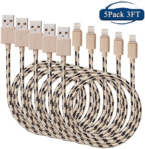 SNX(TM) Certified 5 Pack 3 Feet / 1 Meter 8 Pin Nylon Braided Lightning to USB Cord for iPhone iPad iPod