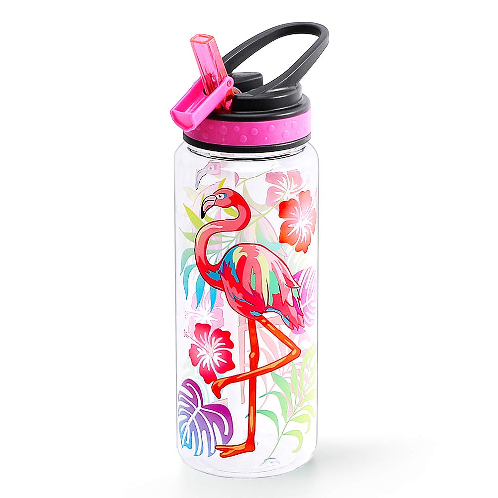 Home Tune Cute Water Bottle for School Girls Boys, BPA Free Tritan, Leak Proof Flip Straw, Easy Clean, Carry Handle, 680ml - Flamingo