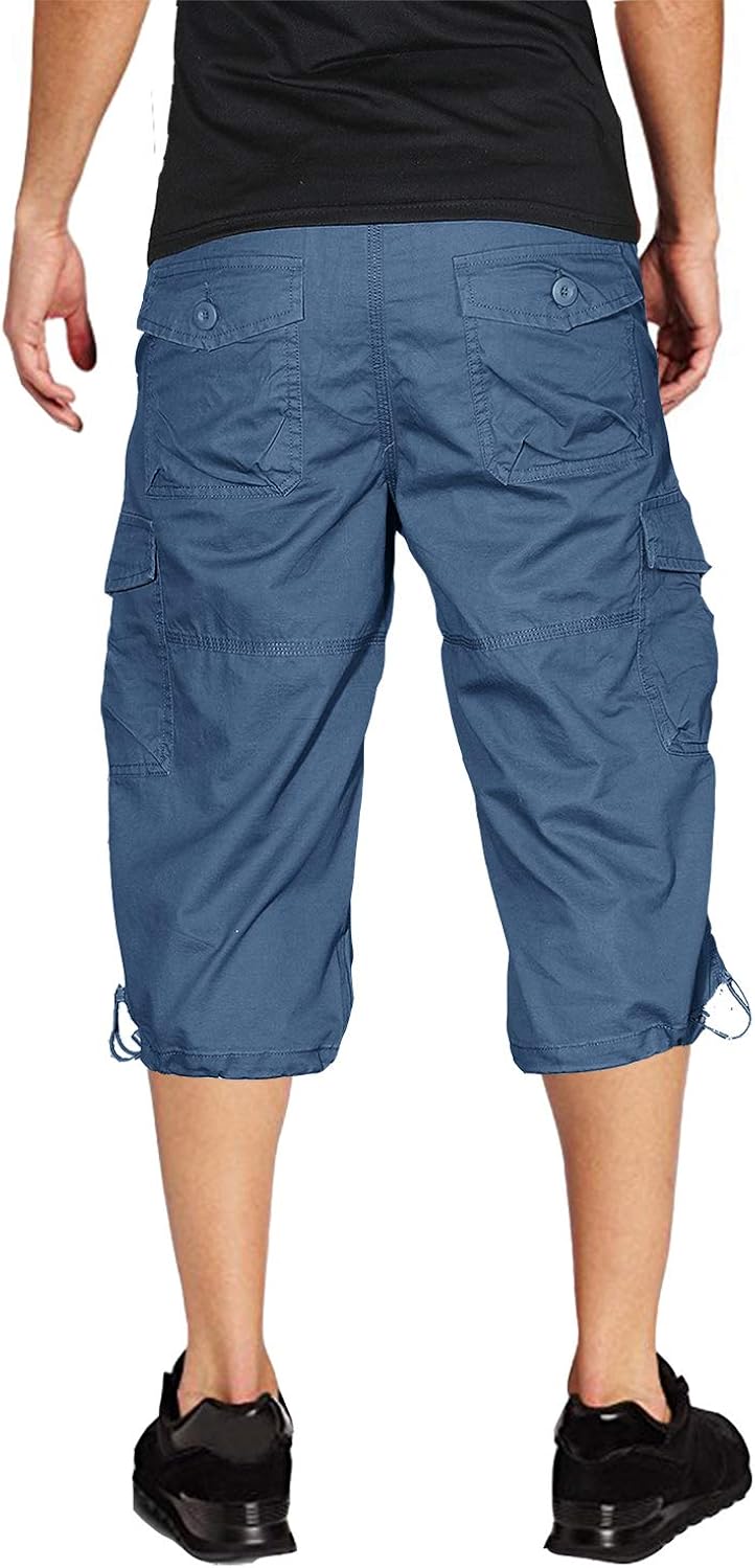 FASKUNOIE Men's 3/4 Cotton Cargo Short Pants Casual Loose Fit Outdoor Capri Long Shorts with Seven Pockets: Clothing