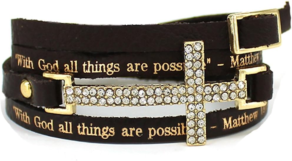 4031181 Matthew 19:26 Leather Wrap Cross Bracelet Scripture with God All Things are Possible