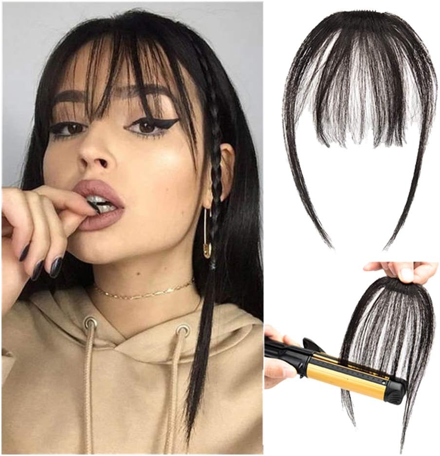 Clip in Bangs 100% Real Human Hair Front Neat Air Fringe One Piece Clip in Fringe Hair Extensions with Temples for Women (Dark Black)