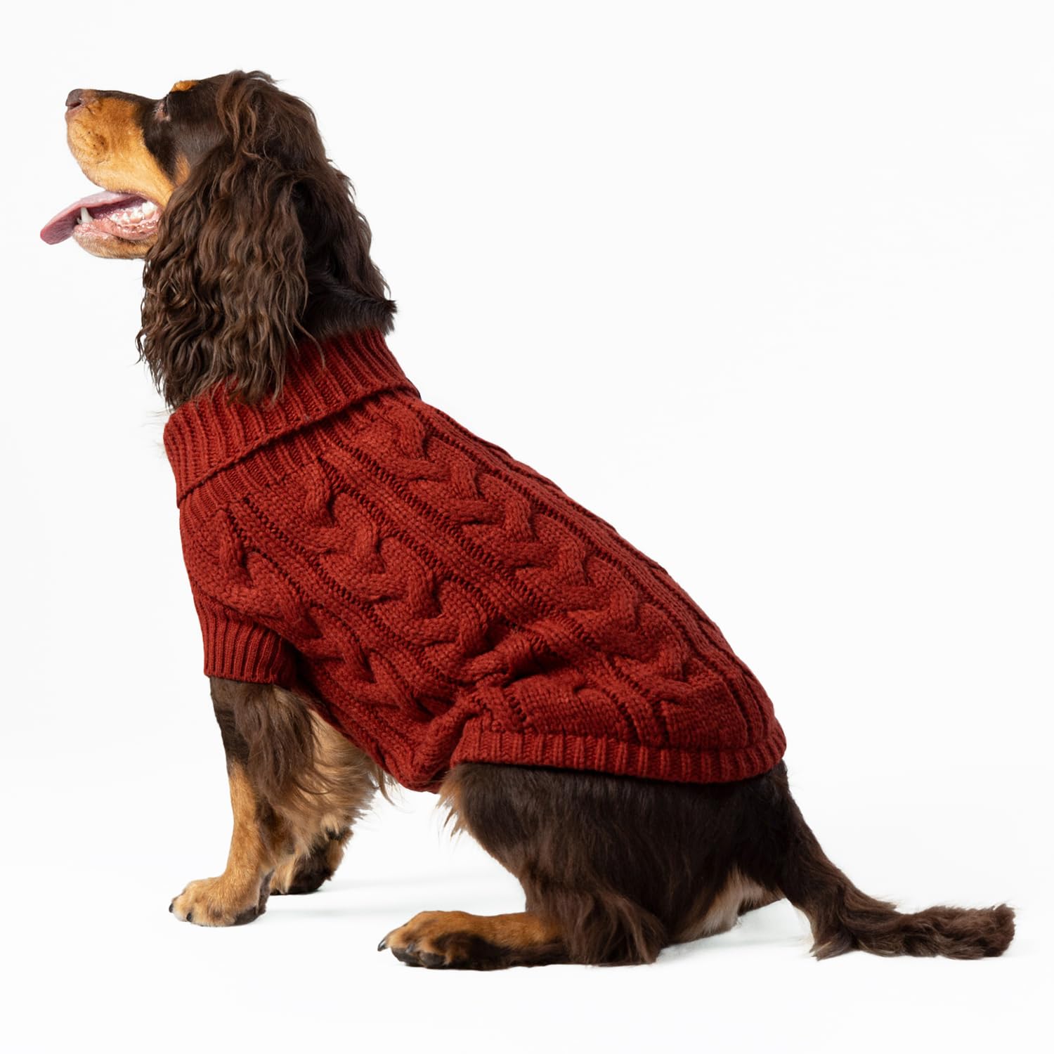 HUGO & HUDSON x HACKETT Cable Knit Pullover Dog Jumper, Warm Knitted Turtleneck Sweater, Brick, XS