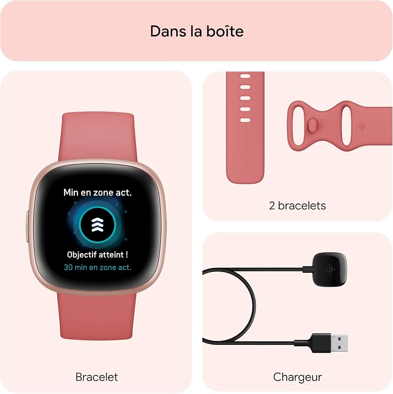 Google Versa 4 Montre connectée Sport avec Un abonnement de 3 Mois à Google Health Premium Inclus et Jusqu’à 6 Jours d’autonomie de Batterie - Sable Rose/Aluminium Rose cuivré