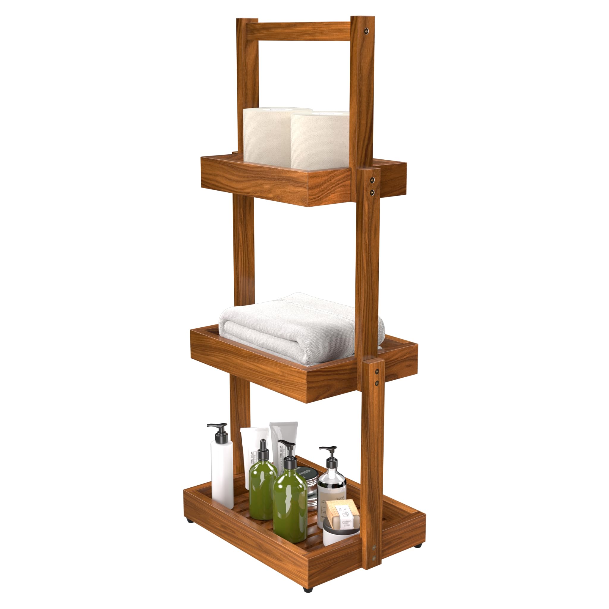 View 1 of *INCOMPLETE** promitop Teak Shower Shelf Bathroom Organizer - 3 Tier Multipurpose Shower Caddy with Non-Slip Base, Rustproof Durable Standing Towel Rack Toilet Paper Roll Holder for Bathroom Livingroom