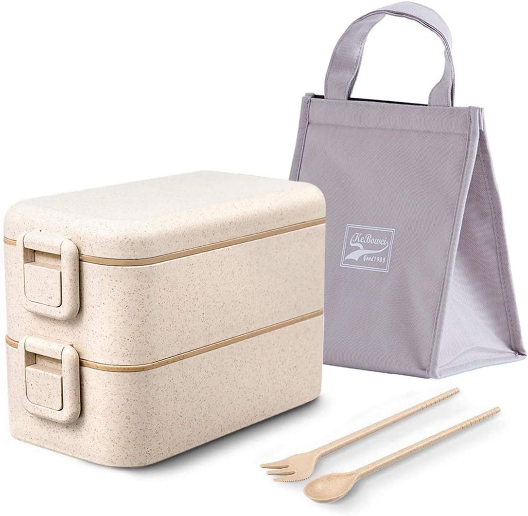 Beeptrum Bento Lunch Box, Two-Layer Food Storage Container with Lunch Bag & Reusable Cutlery Set, Microwave and Dishwasher Safe, Eco-Friendly & BPA Free(Beige)
