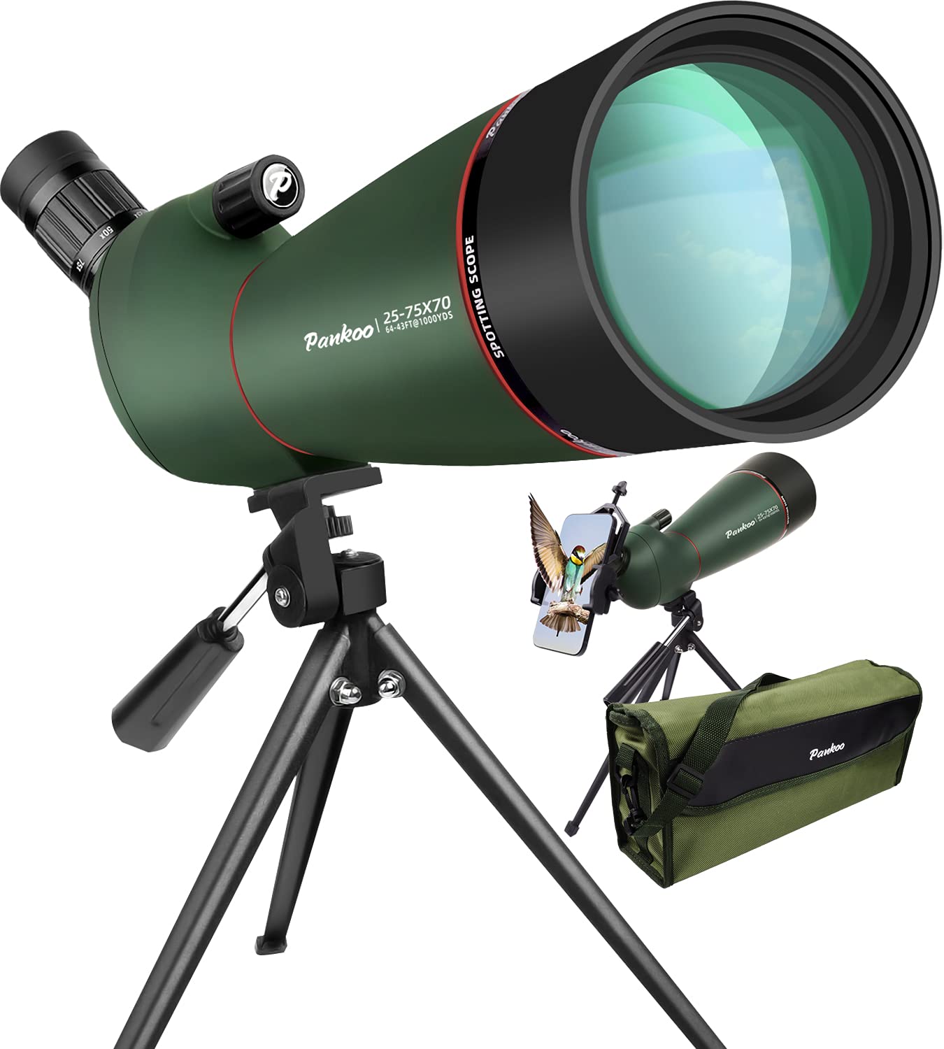 Photo 1 of **It is used, it is missing the connector, but it was connected and worked, although it is not known if it works 100%.***PankooFamily 25-75X70 HD Spotting Scope Hunting Spotting Scopes with Smartphone Mount Kit, Tripod and BAK4 45 Degree Angled Eyepiece T