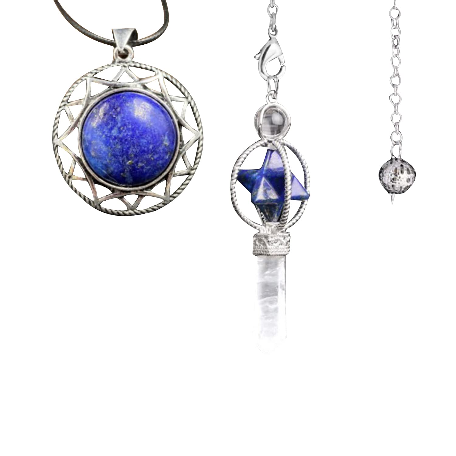 Healing Crystal 1Pcs Lapis Lazuli Round Crystal Necklace 1Pcs Merkaba Lapis Lazuli Hexagram White Crystal Pendant Pendulum