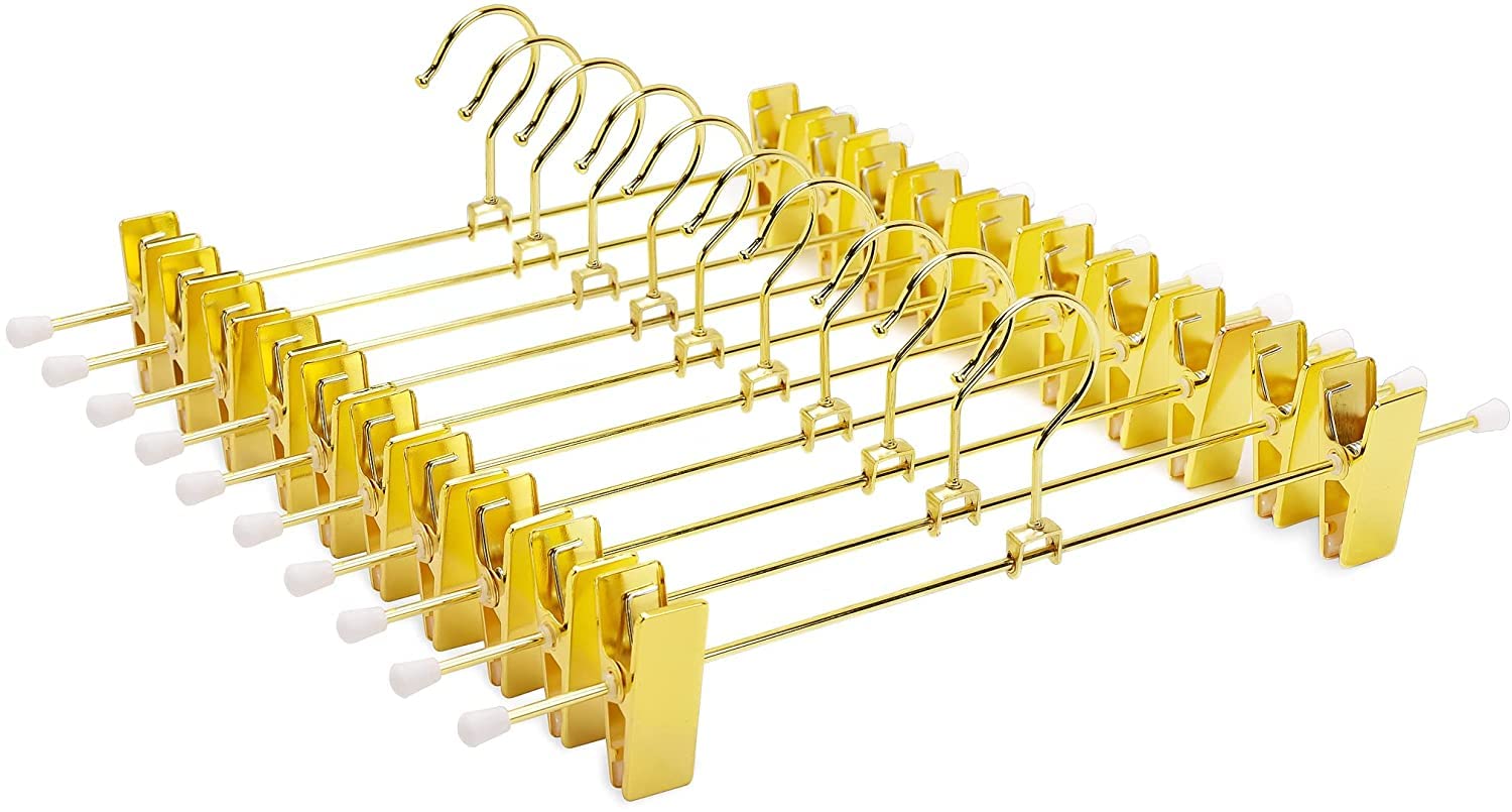 Amber Home 30cm Shiny Gold Metal Trousers Hangers 10pcs, Fashion Metal Skirt Hanger for Slacks Pants Jeans Bottoms with Non-slip Adjustable Clips