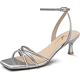 Athlefit Women's Kitten Heels Square Open Toe Strappy Low Heels Ankle Strap Summer Party Dress Heeled Sandals