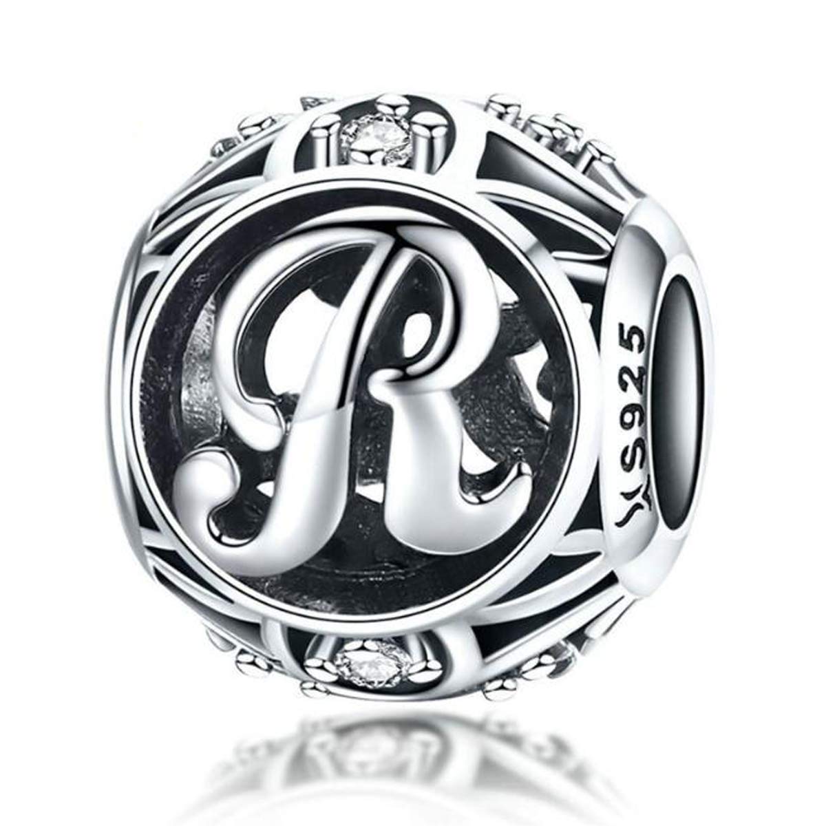 Letter Alphabet Charm 925 Sterling Silver Letter Beads Initial A-Z Alphabet Charms for Bracelets,Compatible with Pandora,European Charm Bracelet Bead (R)