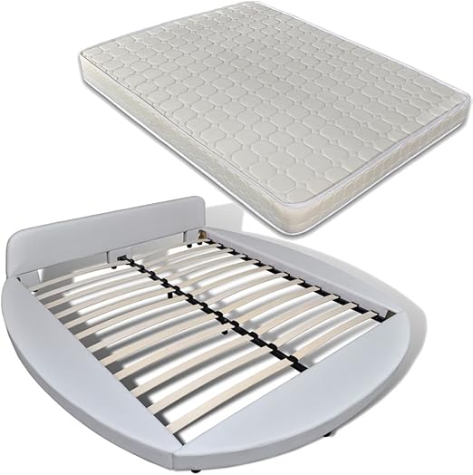 vidaXL Cama Redondo Cuero Artificial Blanco Luces LED Y Colchón 180 cm