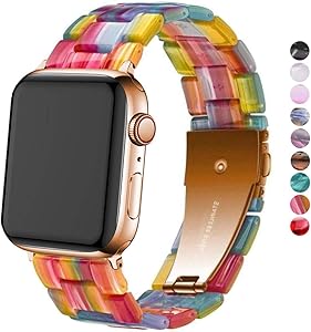 DEALELE Band Compatible with iWatch 38mm 42mm 40mm 44mm, Colorful Resin with Stainless Steel Clasp Strap Replacement for Apple Watch Series 5/4 / 3 Women Men (Rainbow, 42mm/44mm)
