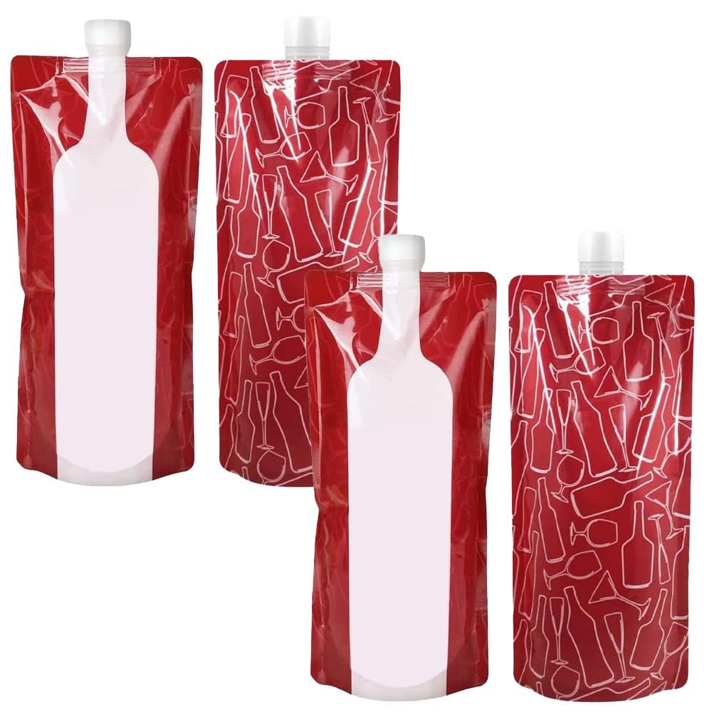 CNTOPONGLONG 4 PCS Foldable Wine Bag 750ML Plastic Wine Bottle Drink Pouch Foldable Liquor Beverages Wine Bottle Drink Pouches for Wine Liquor Beverages Travel Gift Travel Running Gym Camping