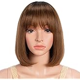 JOEDIR HAIR Short Bob Wig with Bangs Human Hair 10 Inch Ombre Brown Short Straight Bob Wig for Black Women Brazilian Virgin Hair Glueless Machine Made Wig