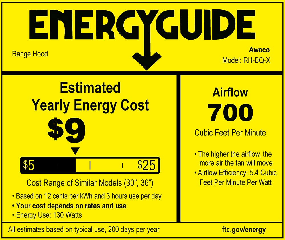 Awoco RH-BQ-X36 18.5” Depth Ducted Built-in/Insert Stainless Steel Range Hood, 4-Speed, 700 CFM, LED Lights, Baffle Filters for Wood Hood (36” Ducted)