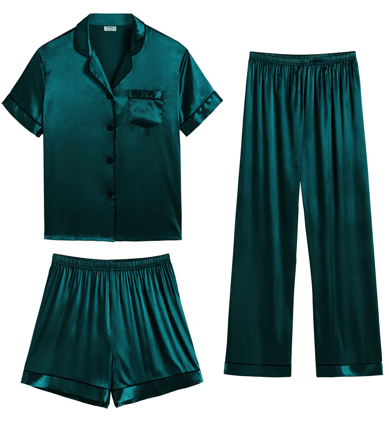 SWOMOG Womens Silk Satin Pajama Sets 3Pcs Button Down Pj Set Short Sleeve Sleepwear Loungewear Pjs Nightwear XS-XXL(Deep Green, Medium) Image