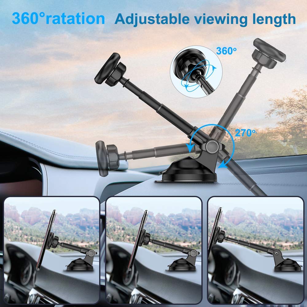 AIRGINE Magnetic Phone Car Mount Holder, Mobile Phone Cradle with 6 Strong Magnets for Dashboard and Windshield,Metal Telescopic Arm for iPhone Xs Max/XR/XS/X/8/7/6/6S, Galaxy S9/S8/S7/Note9/Note8
