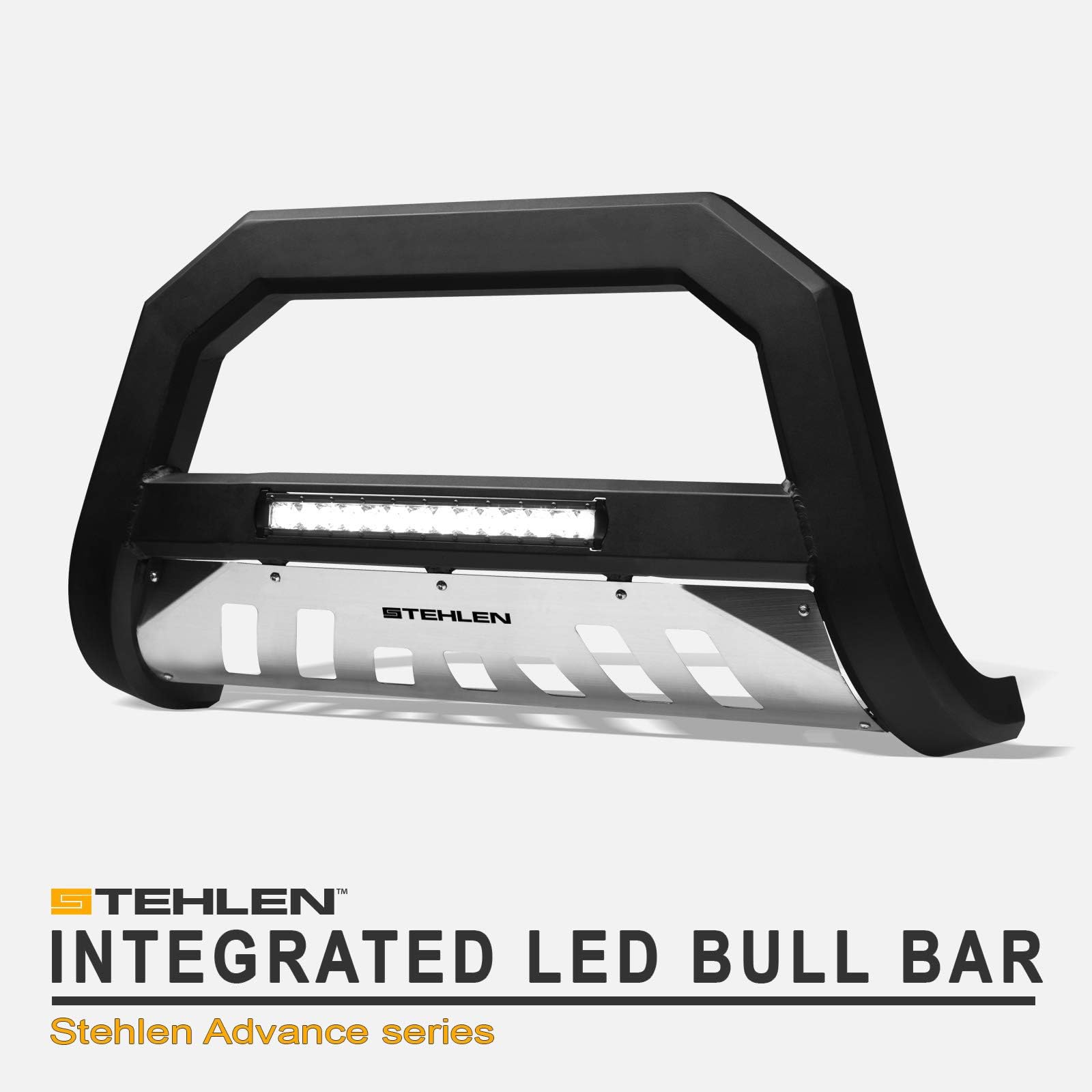 Stehlen 733469493150 Advance Series Aluminum LED Bull Bar - Matte Black/Brush Aluminum Skid Plate For 1999-2007 Chevy Silverado GMC Sierra / 2000-2006 Suburban Tahoe Yukon 1500