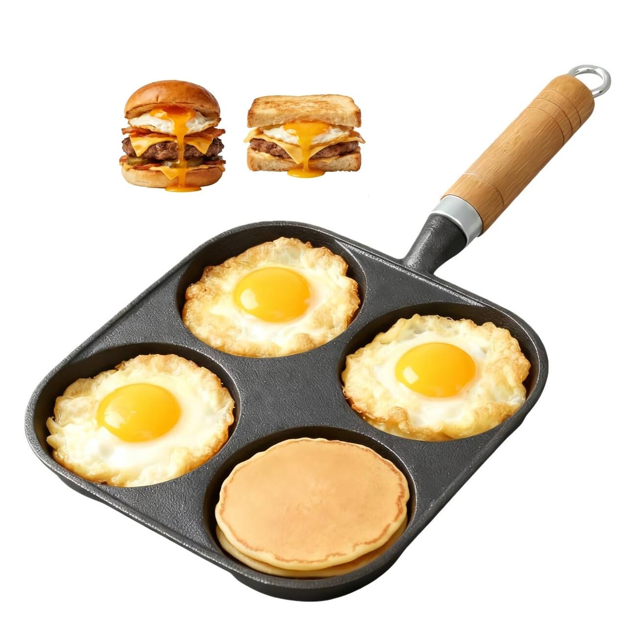 Photo 1 of ***DAMGED - SEE PHOTOS/NOTES***
JSY Sun 4-Cup Egg Pan, Cast Iron Omelette Pan, 4 Hole Frying Pan for Eggs, Pancakes, Breakfast Sandwich Hamburger Maker, Works on Gas & Induction Stovetops, Virgin Iron, 7.6inch