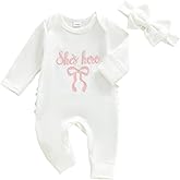 Baby Girls Clothes She Is Here Embroidery Romper Bow Waffle Knit Ruffled Newborn Infant Winter Fall Outfit with Headband