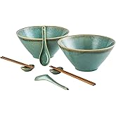 Large Salad Soup Ramen Serving Bowls, 71 OZ Ceramic Japanese Ramen Noodle Bowls with Chopsticks, Spoons and Rests - Super Big Bowl Sets for Udon, Pho, Pasta, Cereal, Set of 2 - Reactive Green