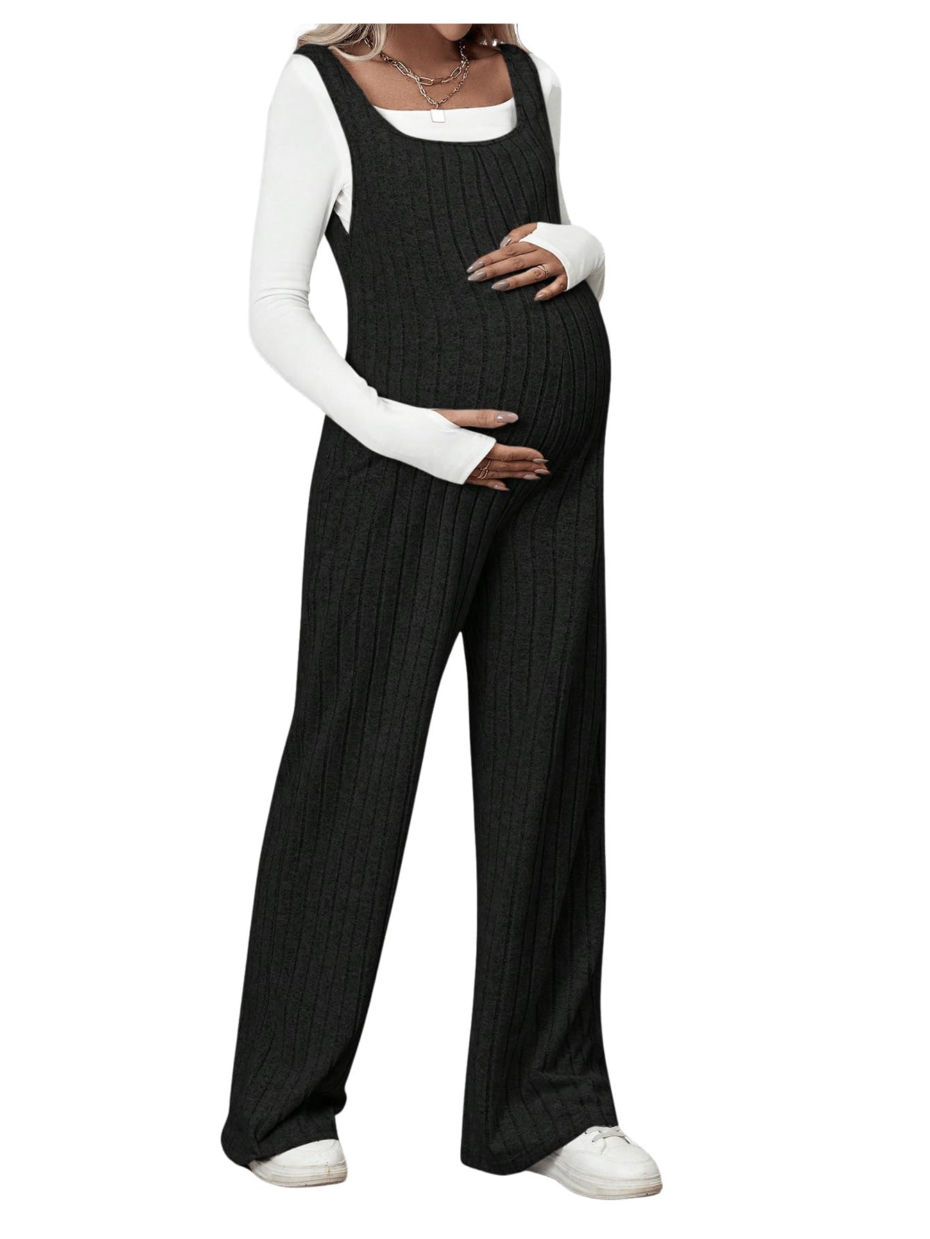 Photo 1 of MakeMeChic Women's Maternity Jumpsuits Sleeveless Rib Knitted Straight Leg Overalls Romper Black Small