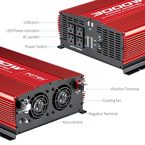 POTEK 3000W Power Inverter 12V DC to 110V AC Car Converter 4 AC Outlets with 2 USB Ports