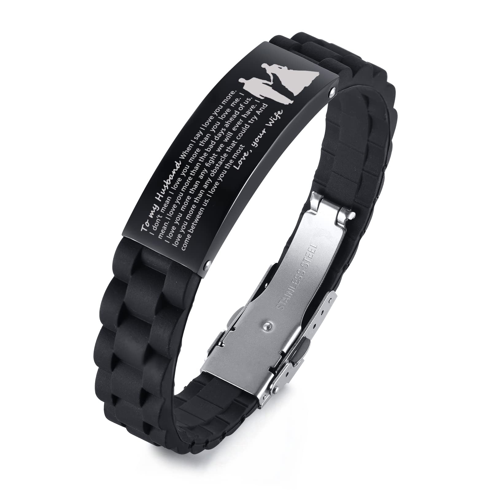To My Husband Bracelet from Wife,Black Silicone Bracelet Wristband Engraved Love Quote for Boyfriend Future Husband Groom Fiance From Wife Girlfriend, Birthday Wedding Valentines Valentine's Day Gift