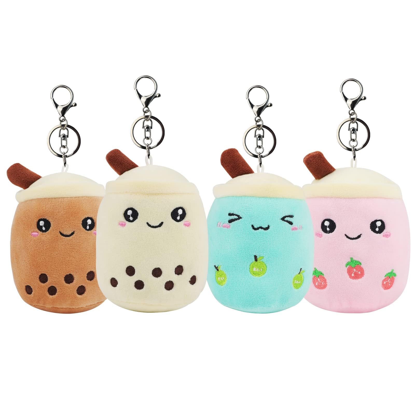Anboor 4 Pack Small Stuffed Animals Boba Plushies Animal Toy with Keychain Award Goodie Bag Fillers Bubble Tea Plush Toy Party Favors Kindergarten Classroom Presents for Students