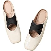 Women's Square Toe Cross Elastic Ties Flat Mules Retro Leather Closed Toe Comfortable Memory Foam Mary Jane Flats Slip On Work Casual Walking Shoes Slippers