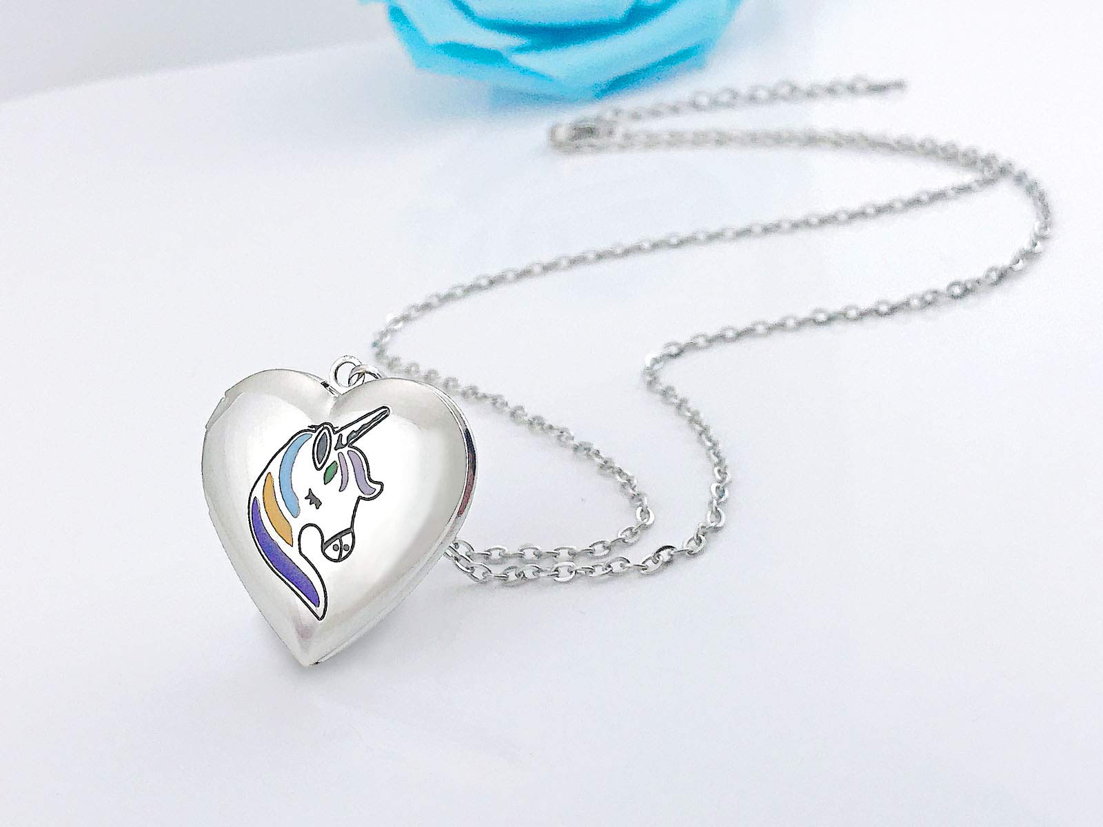 YOUFENG Unicorns Gifts for Her Love Heart Initial Letter Locket Necklace that Holds Pictures Enamel Locket Pendant Gifts for Women