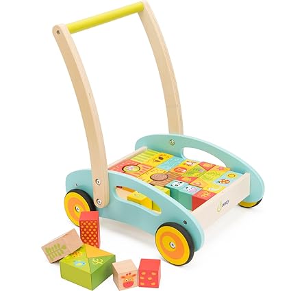 Cossy Wooden Baby Learning Walker Toddler Toys for Old Forest Theme Blocks and Roll Cart Push Pull Toy (36 Pcs)