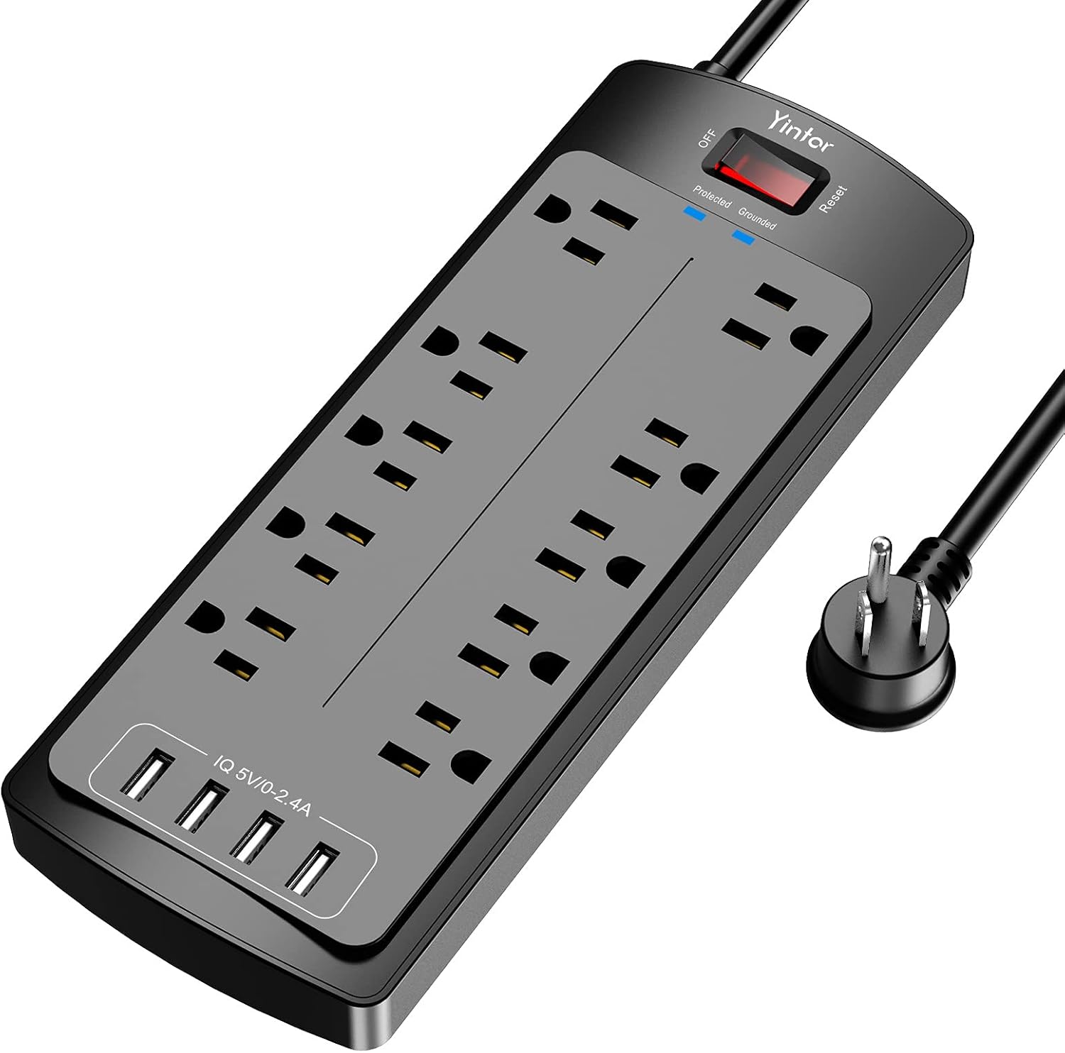 Power Strip with 8 Ft, YINTAR Surge Protector with 10 Outlets and 4 USB Ports, 8 Feet Flat Plug Extension Cord (1875W/15A) for for Home, Office, Dorm Essentials, 2100 Joules, ETL Listed, - Black: Electronics