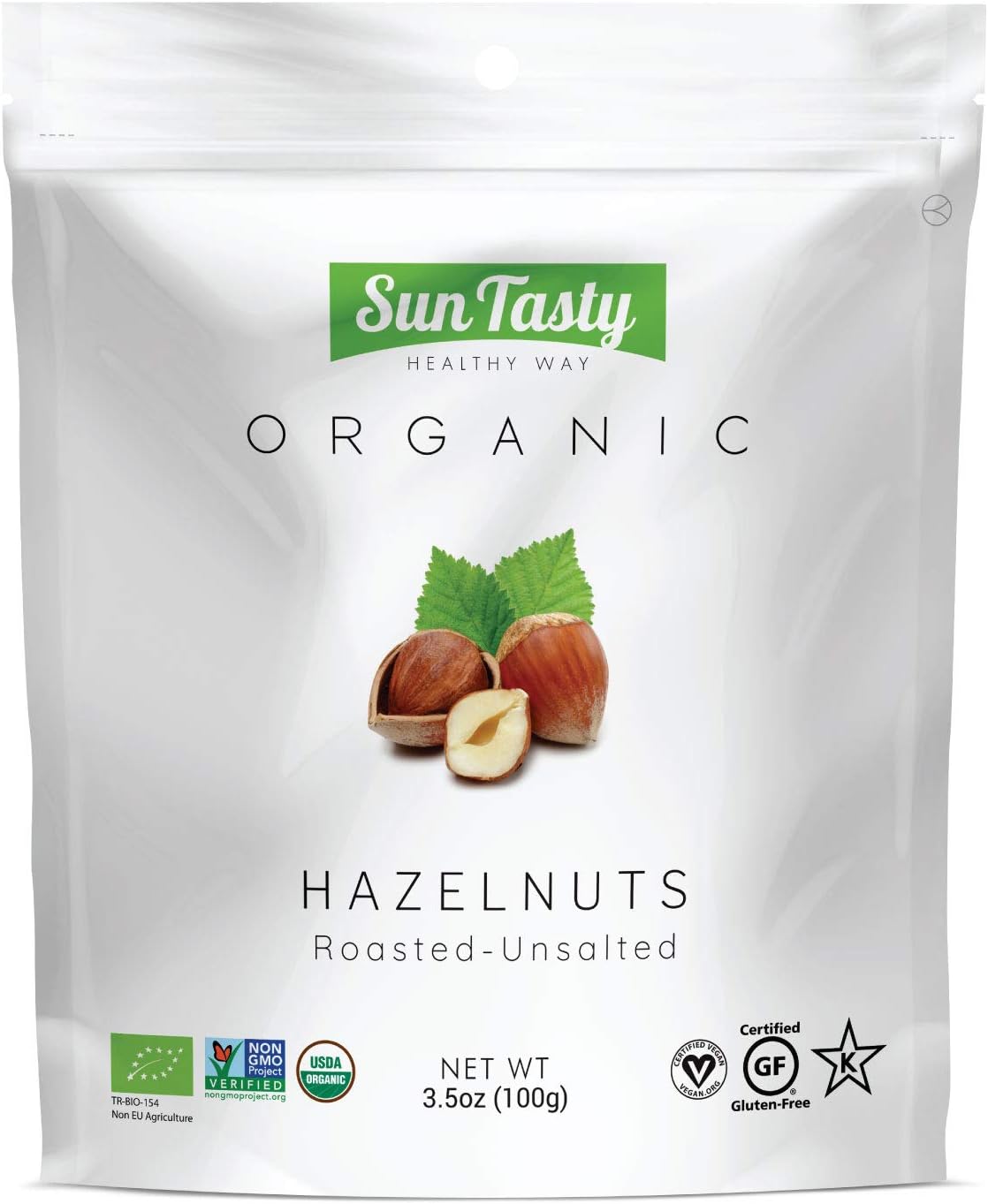 Sun Tasty Organic Hazelnuts, Vegan, Gluten-Free, USDA Certified Organic, Double Roasted, Unsalted Healthy Snack, Non-GMO, No Added Sugar, No Preservatives, Kosher (3.5 oz)