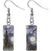 KaFu Rectangle Van Gogh Painting Starry Sky Sunflower Drop Dangle Earrings Abstract Art Trendy Glass Earrings for Women Girls Charm Jewelry