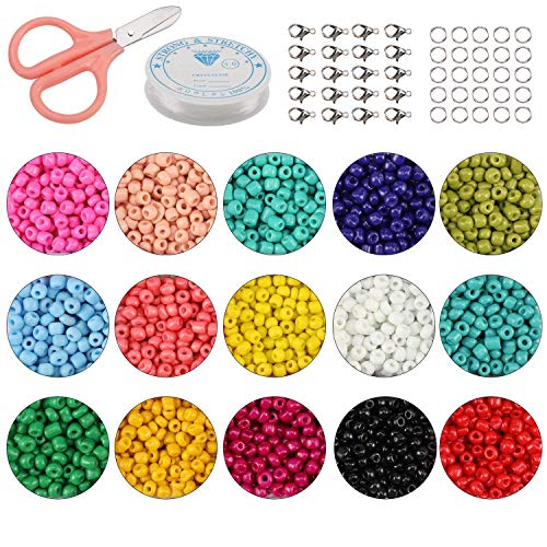 Phogary 9000pcs Glass Seed Beads, Mixed Colors Small Pony Beads Assorted Kit Opaque Colors Lustered Loose Spacer Beads, 3mm Round, Hole 1.0mm for Jewelry Making, DIY Crafting (15 Colors)