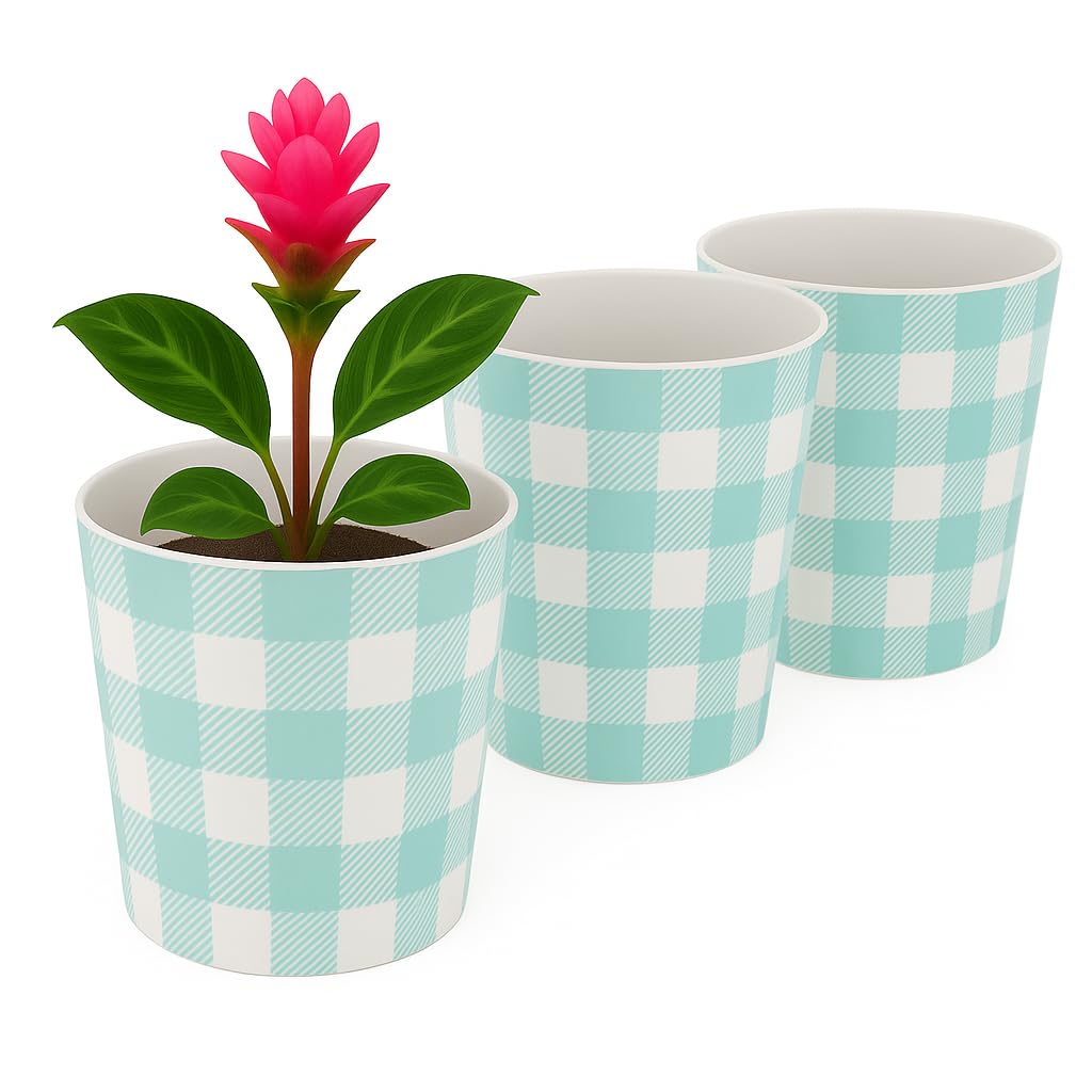 Home Garden Ornaments Indoor Plant Pot – Decorative Flower Pots with Inner Cone, Floral & Tropical Design Orchid Planters for Home Décor (15 cm / 5.9 inch – Blue Check)