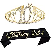10th Birthday Gold Tiara and Sash Happy 10th Birthday Party Supplies Birthday Girl Glitter Satin Sash and Crystal Tiara Princess Birthday Crown for Girls 10th Birthday Party Decorations Favors